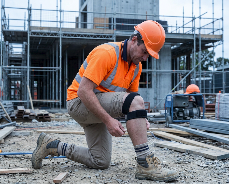 Tradie wearing Kneedom knee strap on site